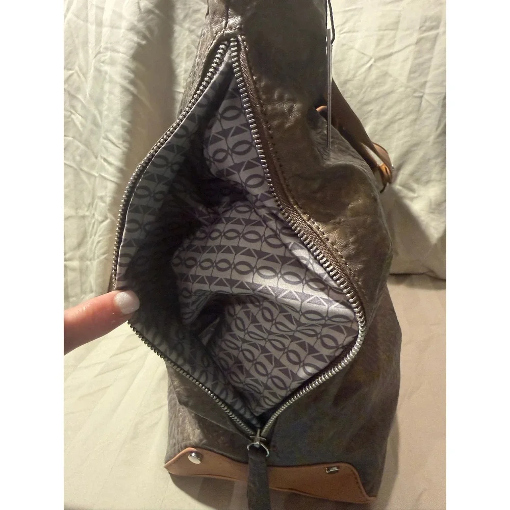 KDNY Kelsi Dagger Dark Taupe Leather Hobo Bag Dusty Pink Trim K61157712B NWT